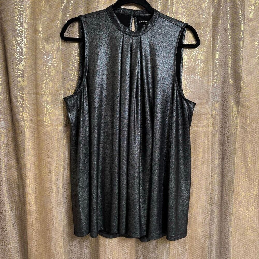 Lane Bryant Black Gray Silver Metallic Mock Neck Tank Top Blouse XL 14/16